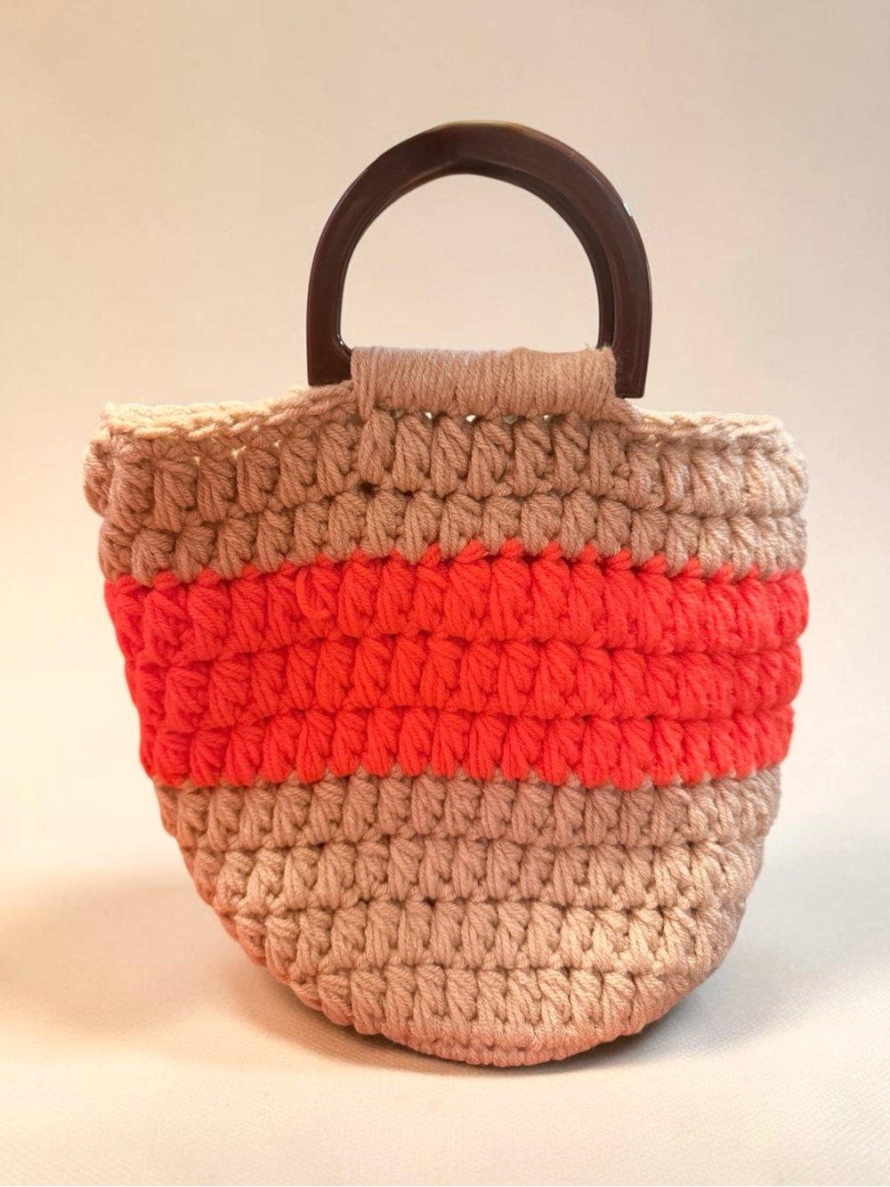 Handmade Crochet Tote Bag with Dark Brown Handles - Beige and Coral